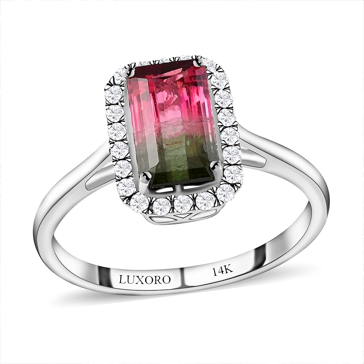 Certified Luxoro 14K White Gold AAA Bi-Color Tourmaline and G-H I2 Diamond Halo Ring (Size 6.5) 1.69 ctw image number 0
