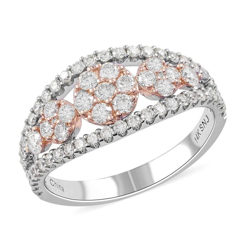 14K White and Rose Gold Natural White and Pink Diamond Flower Ring (Size 6.5) 1.00 ctw