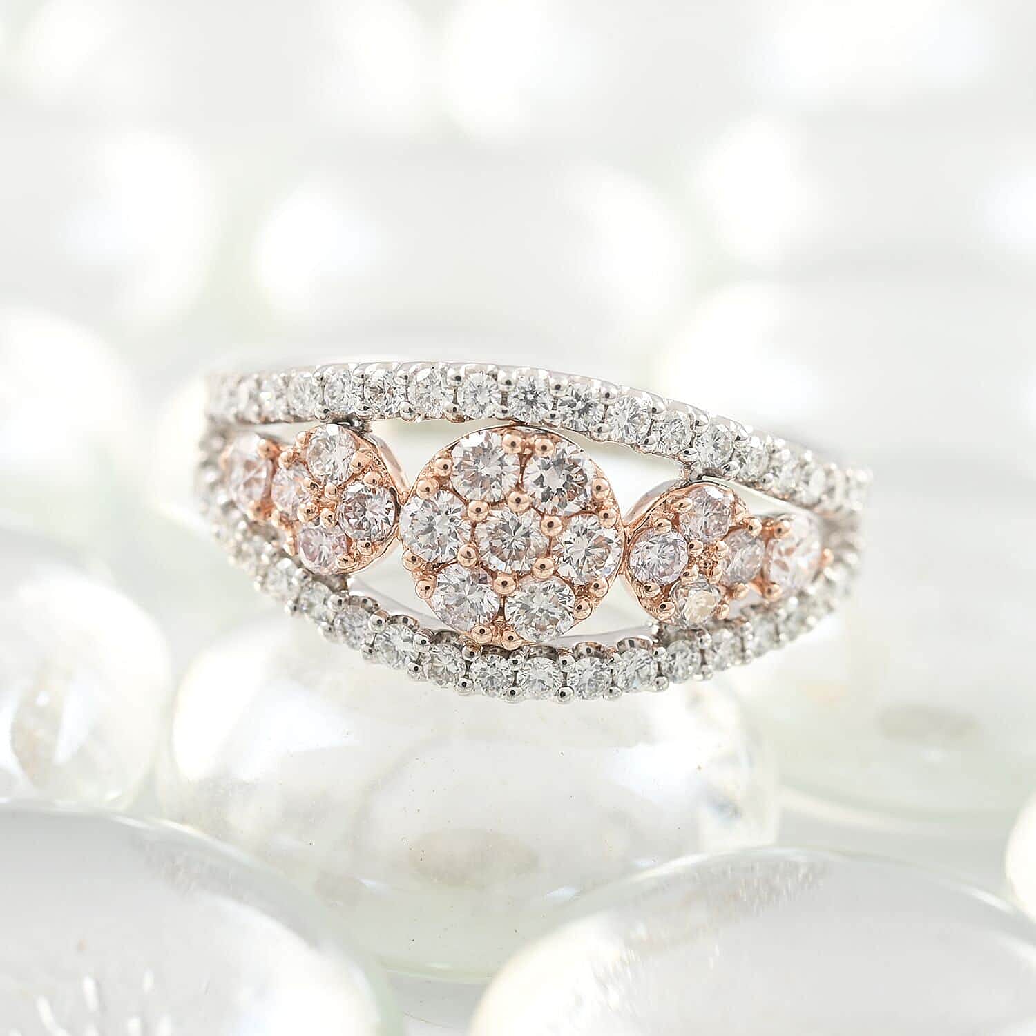 14K White and Rose Gold Natural White and Pink Diamond Flower Ring (Size 6.5) 1.00 ctw