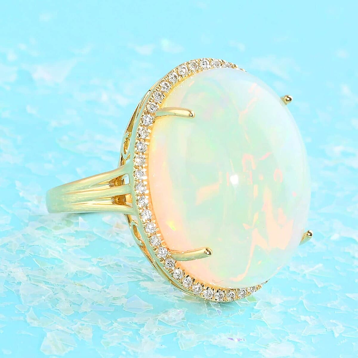 Certified Iliana 18K Yellow Gold AAA Ethiopian Welo Opal and G-H SI Diamond Ring (Size 6.5) 7.85 Grams 12.85 ctw image number 1