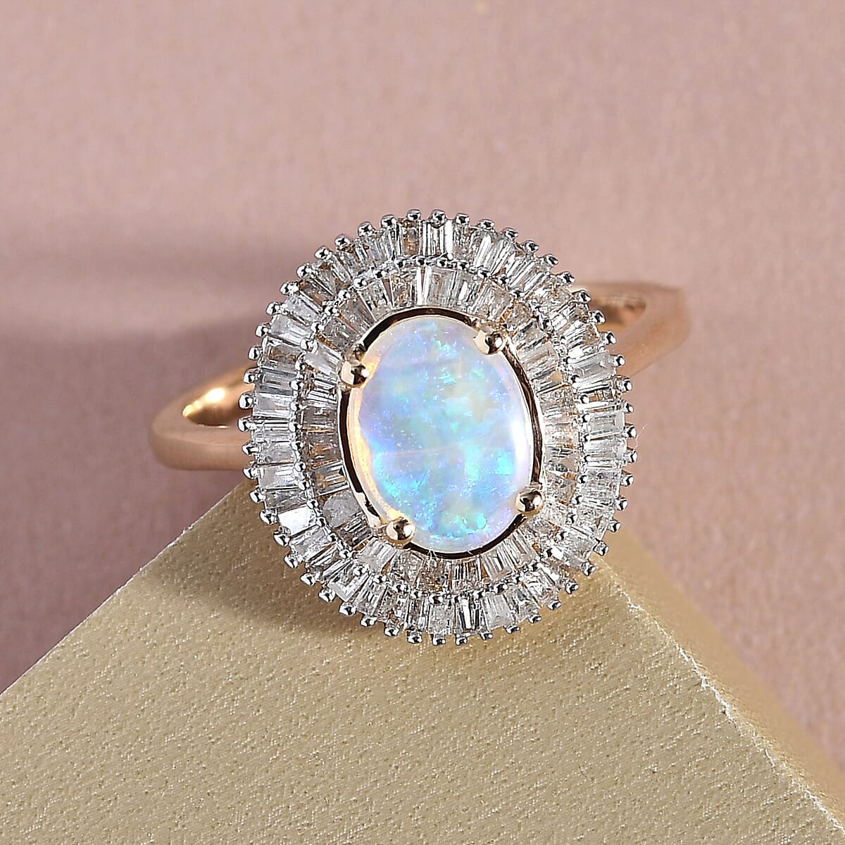 Luxoro 14K Yellow Gold AAA Australian Lightning Ridge Black Opal and G-H I3 Diamond Double Halo Ring (Size 7.5) 1.15 ctw image number 1