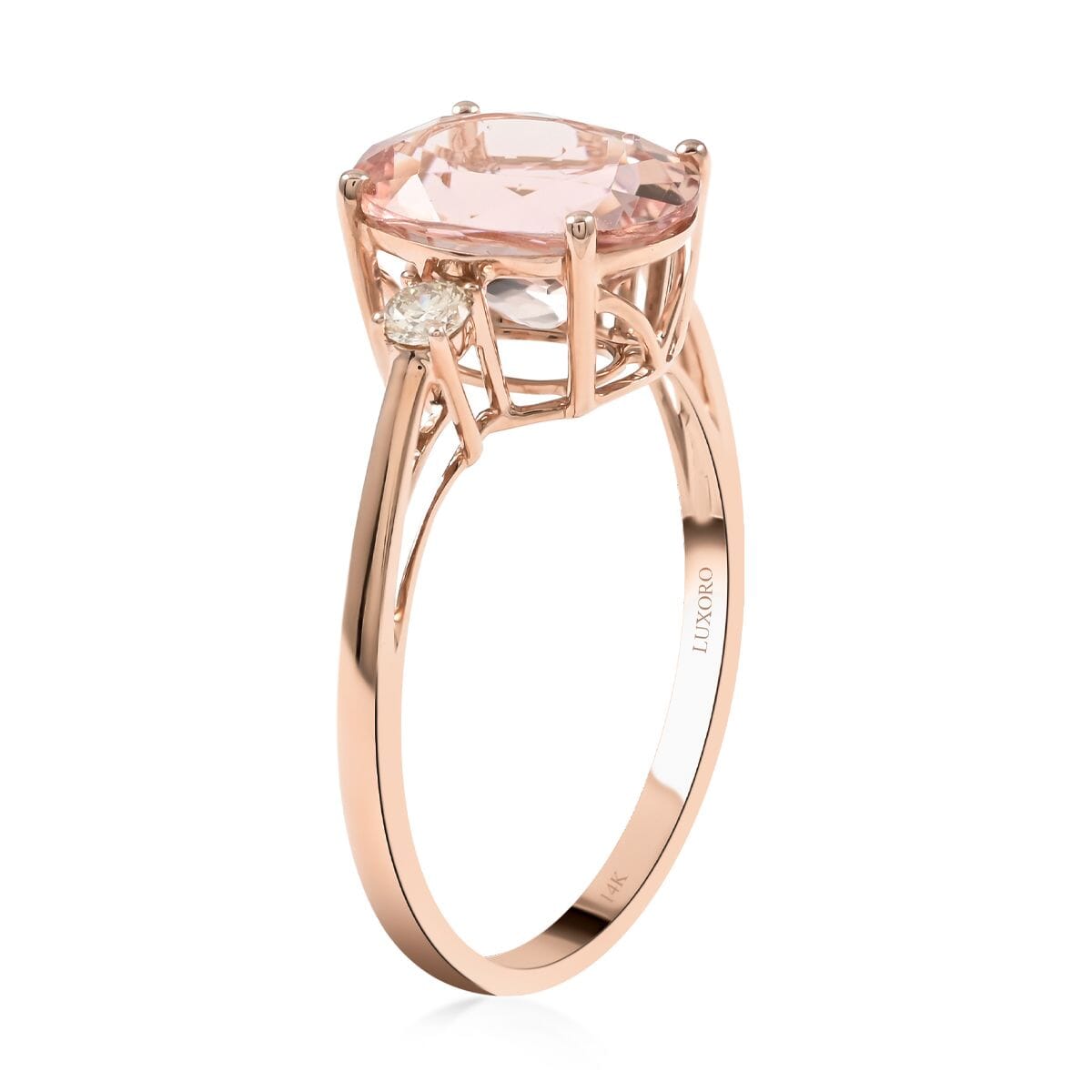 Certified Luxoro 14K Rose Gold AAA Marropino Morganite and G-H I1 Diamond Ring (Size 7.5) 3.55 ctw image number 3