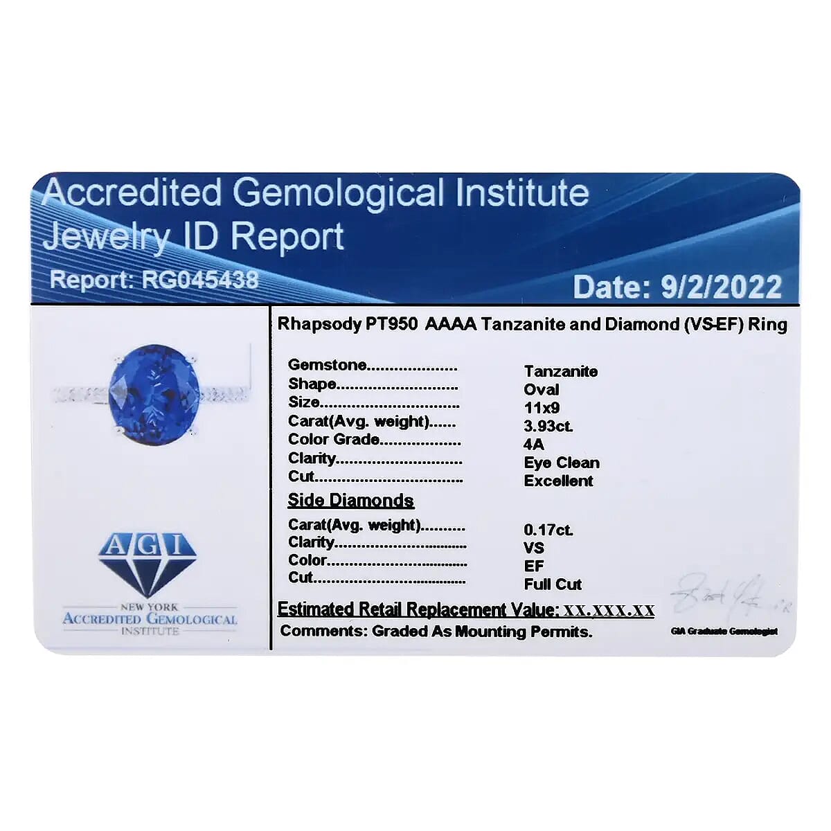 Rhapsody Certified and Appraised AAAA Tanzanite and E-F VS Diamond 4.10 ctw Accent Ring, 950 Platinum Ring, Gifts For Her 6.60 Grams (Size 7.5) image number 7