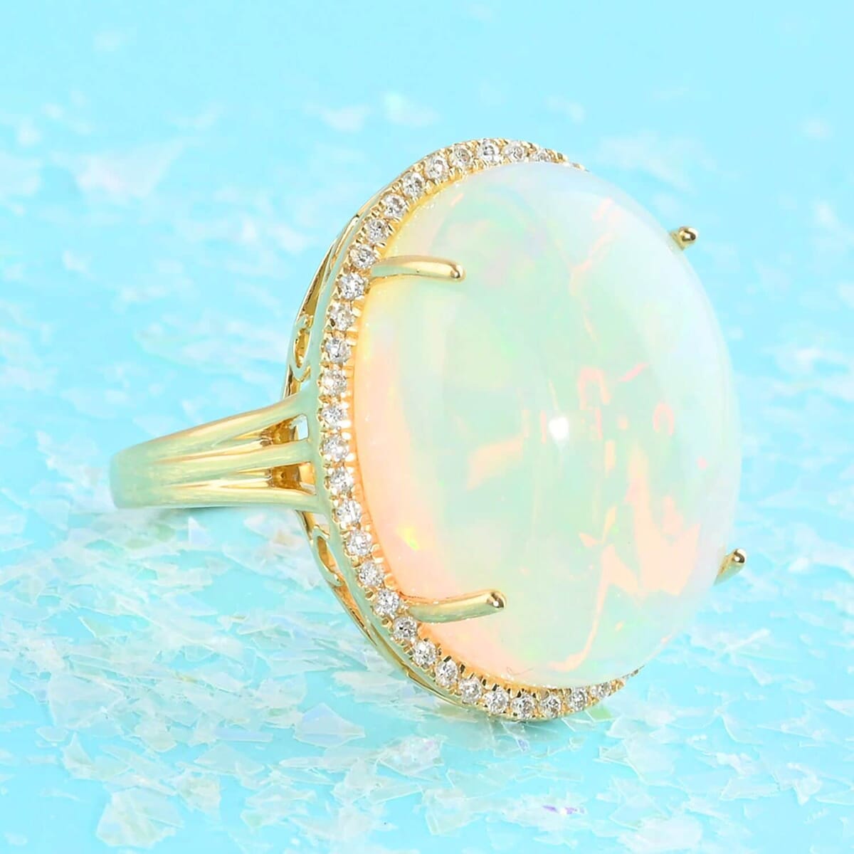 Certified Iliana 18K Yellow Gold AAA Ethiopian Welo Opal and G-H SI Diamond Ring (Size 7.5) 7.85 Grams 12.85 ctw image number 1