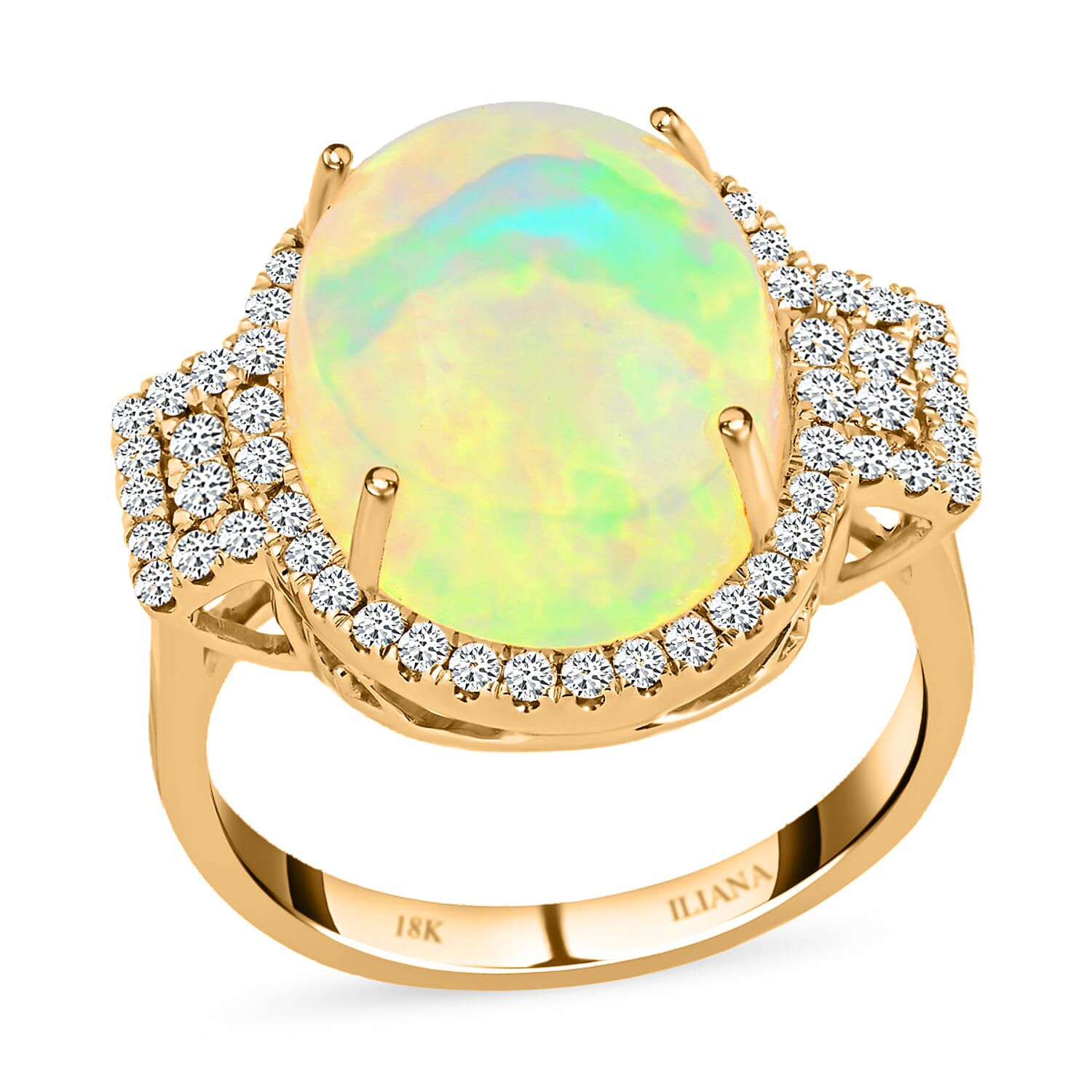 Certified & Appraised Iliana 18K Yellow Gold AAA Ethiopian Welo Opal and G-H SI Diamond Halo Ring (Size 7.5) 5.60 Grams 7.40 ctw