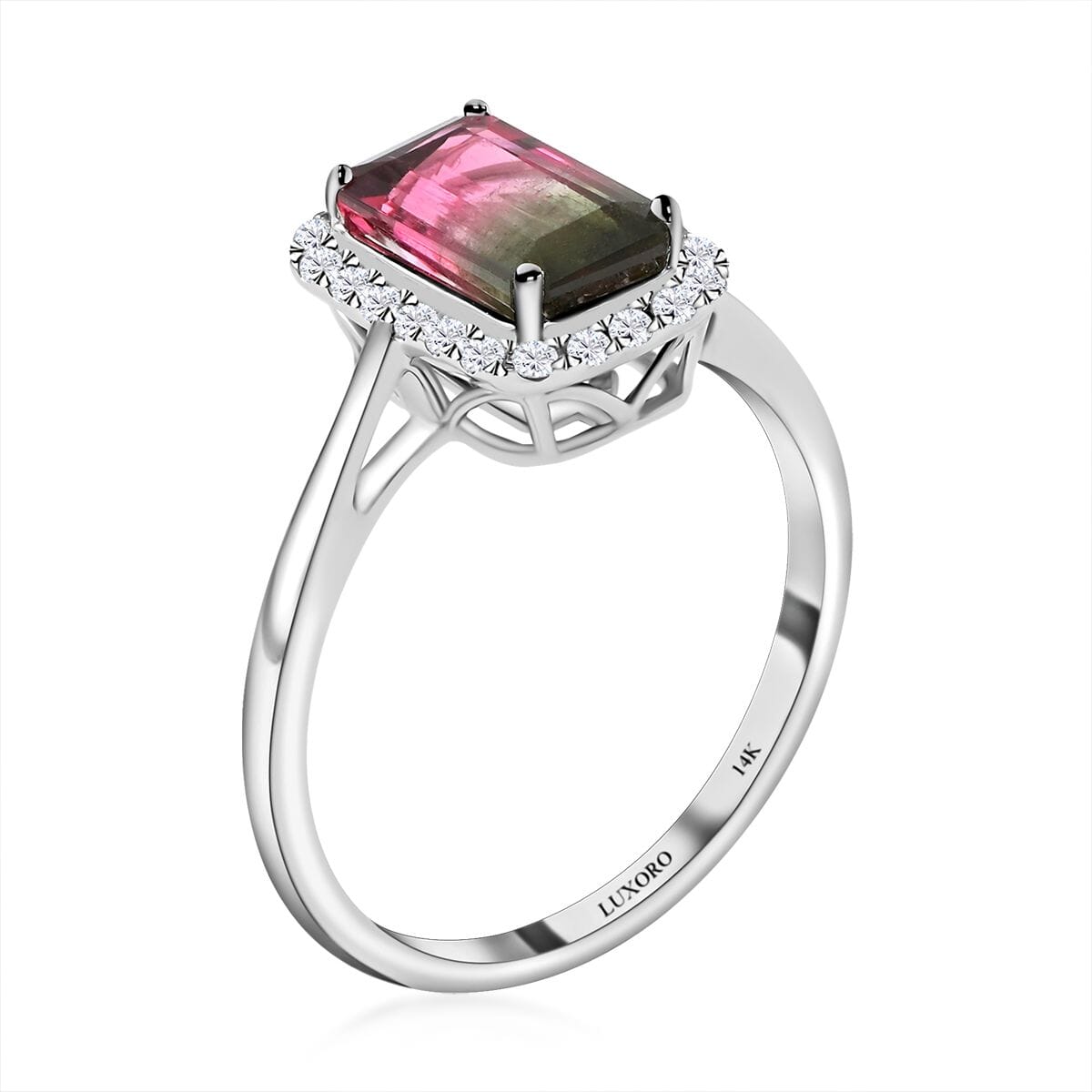 Certified Luxoro 14K White Gold AAA Bi-Color Tourmaline and G-H I2 Diamond Halo Ring (Size 8.5) 1.69 ctw image number 3