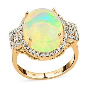Certified Iliana 18K Yellow Gold AAA Ethiopian Welo Opal and G-H SI Diamond Halo Ring (Size 8.5) 5.60 Grams 7.40 ctw