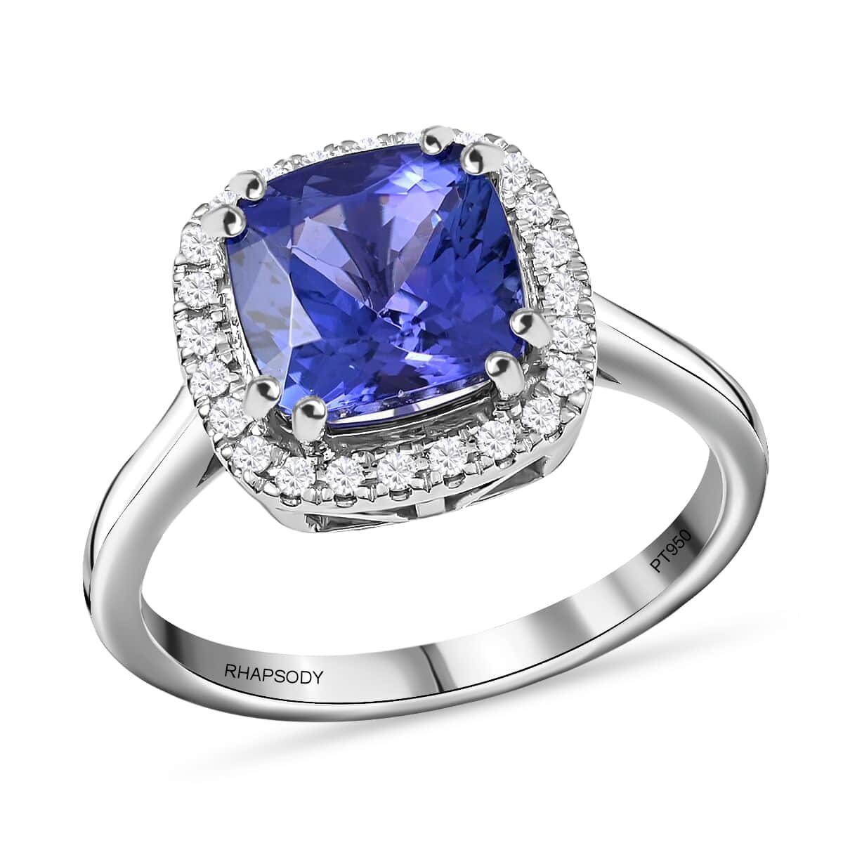 Certified Rhapsody 950 Platinum AAAA Tanzanite and E-F VS Diamond Halo Ring (Size 9.5) 5.65 Grams 3.25 ctw image number 0