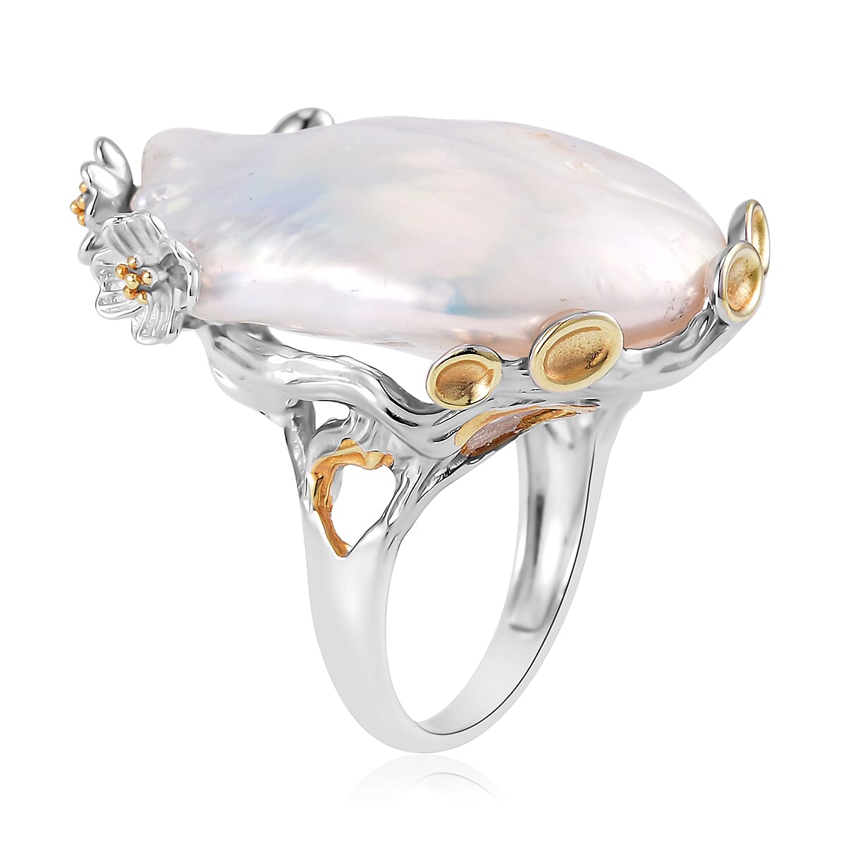 Organic Shape Baroque Pearl Ring in 14K Yellow Gold and Rhodium Over Sterling Silver (Size 7.0) image number 3