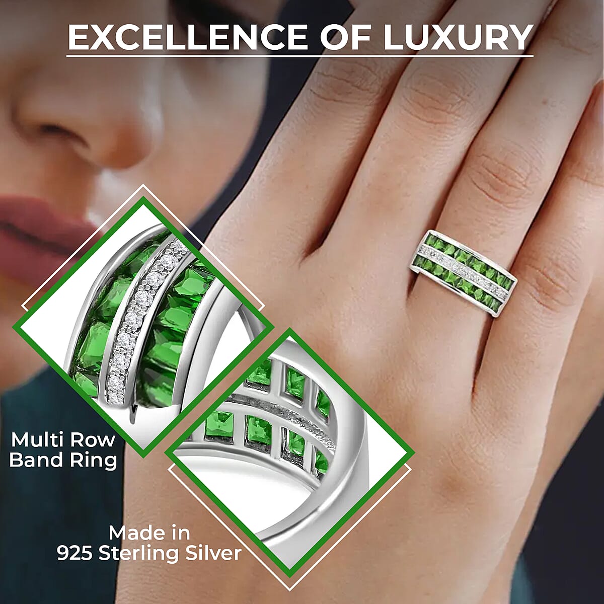 Lab Created Emerald Ring, Simulated Diamond Ring, Sterling Silver Ring, Multi Row Band Ring 1.60 ctw image number 2