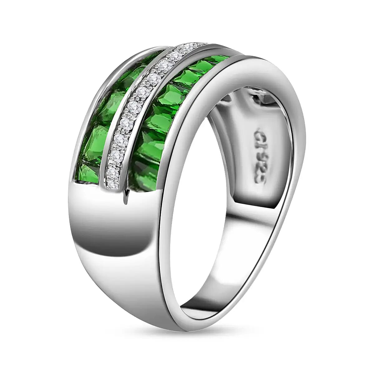 Lab Created Emerald Ring, Simulated Diamond Ring, Sterling Silver Ring, Multi Row Band Ring 1.60 ctw image number 3