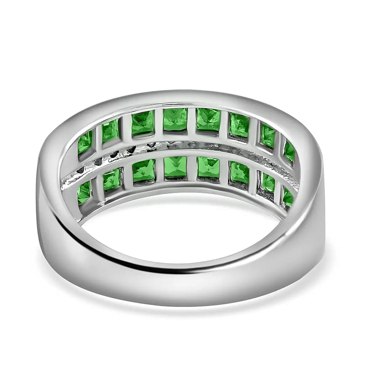 Lab Created Emerald Ring, Simulated Diamond Ring, Sterling Silver Ring, Multi Row Band Ring 1.60 ctw image number 4