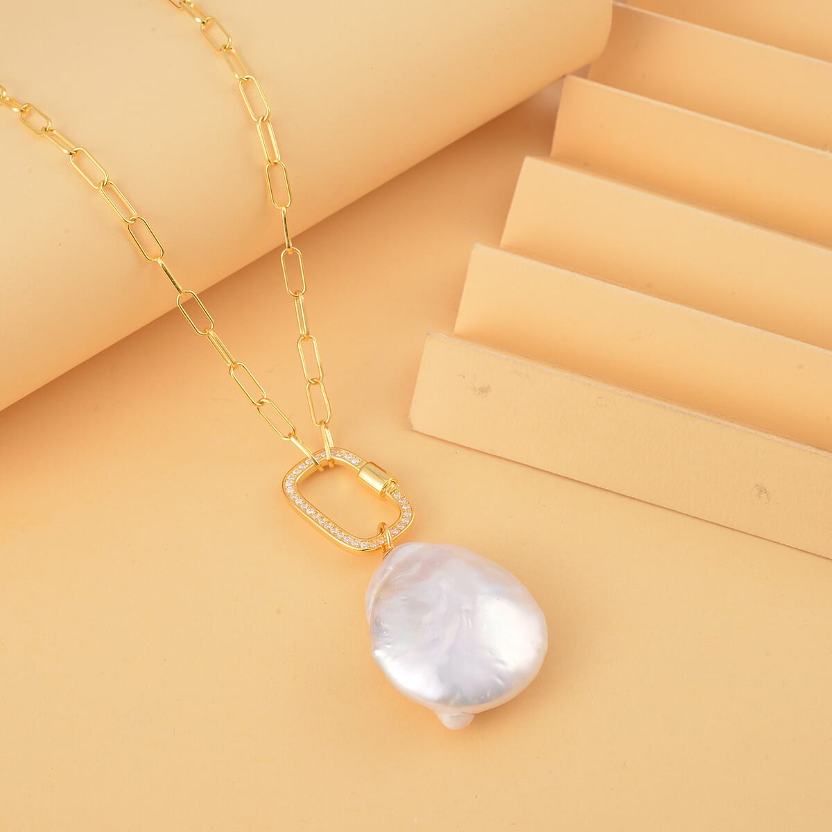 Organic Shape Baroque Pearl and Moissanite Necklace 20 Inches in 14K Yellow Gold Over Sterling Silver 0.20 ctw image number 1