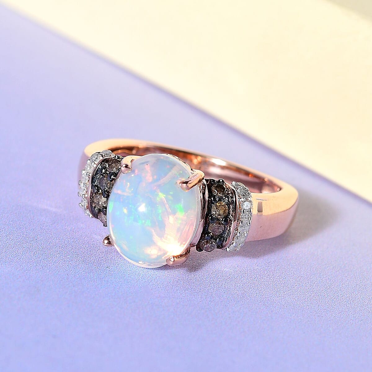 Premium Ethiopian Welo Opal, Champagne and White Diamond Ring in Vermeil Rose Gold Over Sterling Silver 2.50 ctw image number 1