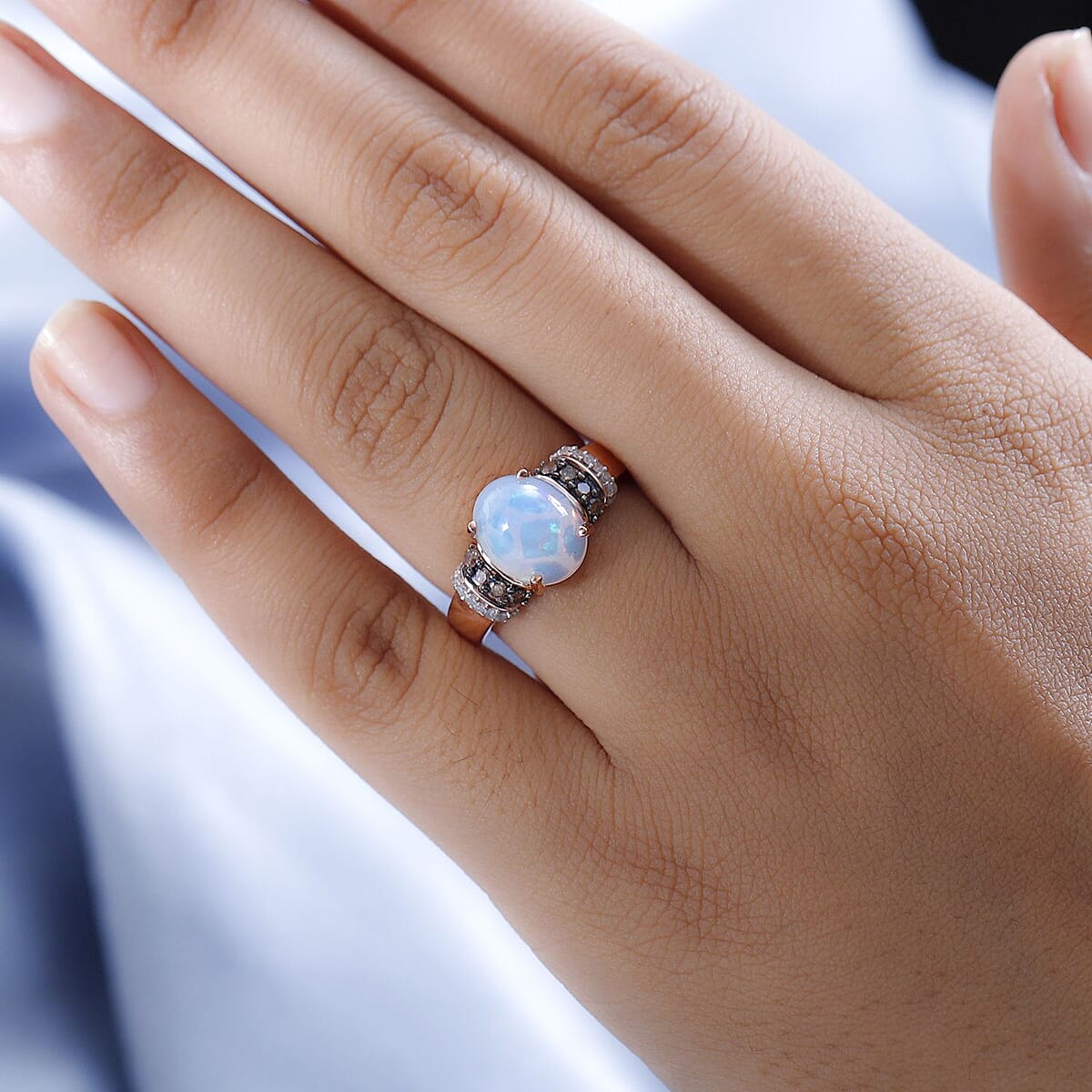 Premium Ethiopian Welo Opal, Champagne and White Diamond Ring in Vermeil Rose Gold Over Sterling Silver 2.50 ctw image number 2