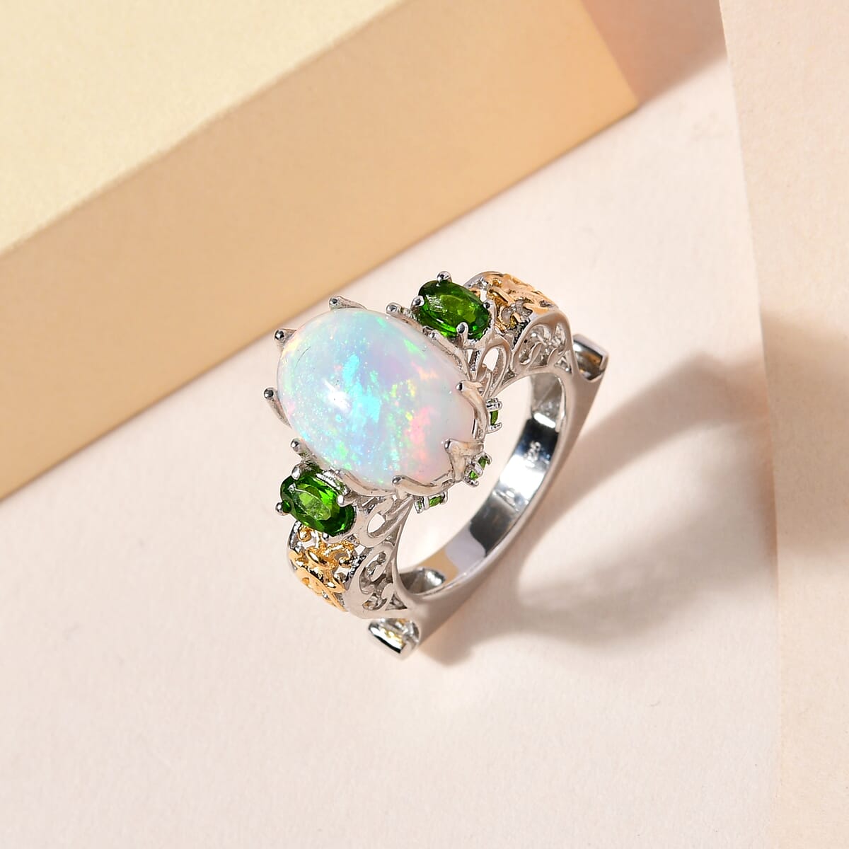 Premium Ethiopian Welo Opal and Chrome Diopside Ring in Vermeil YG and Platinum Over Sterling Silver 4.25 ctw image number 1