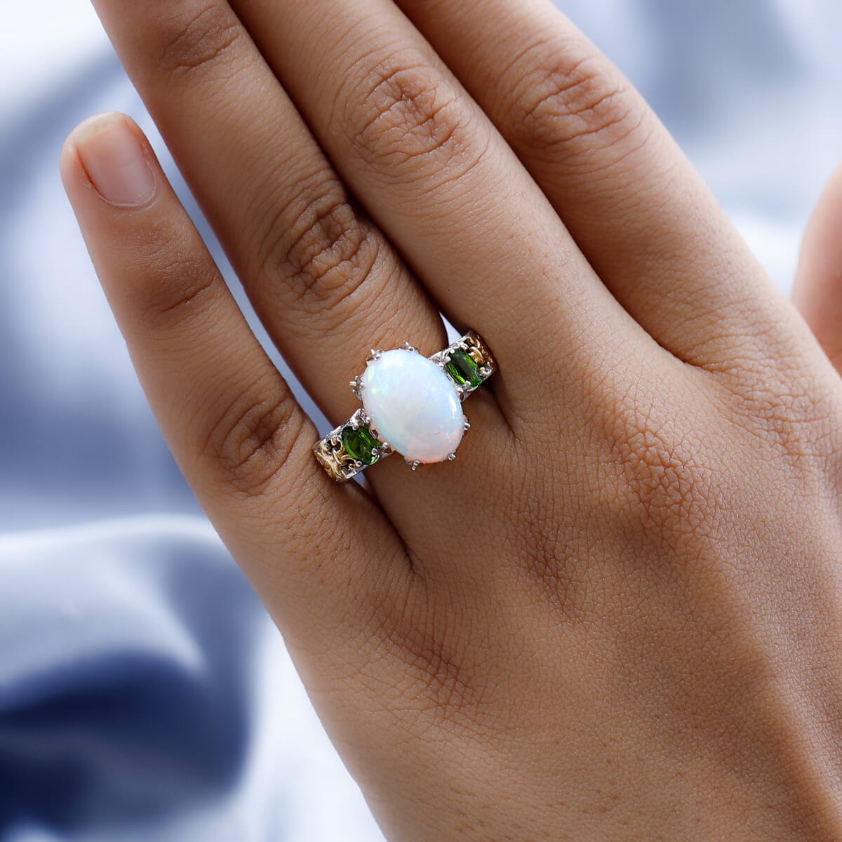 Premium Ethiopian Welo Opal and Chrome Diopside Ring in Vermeil YG and Platinum Over Sterling Silver 4.25 ctw image number 2