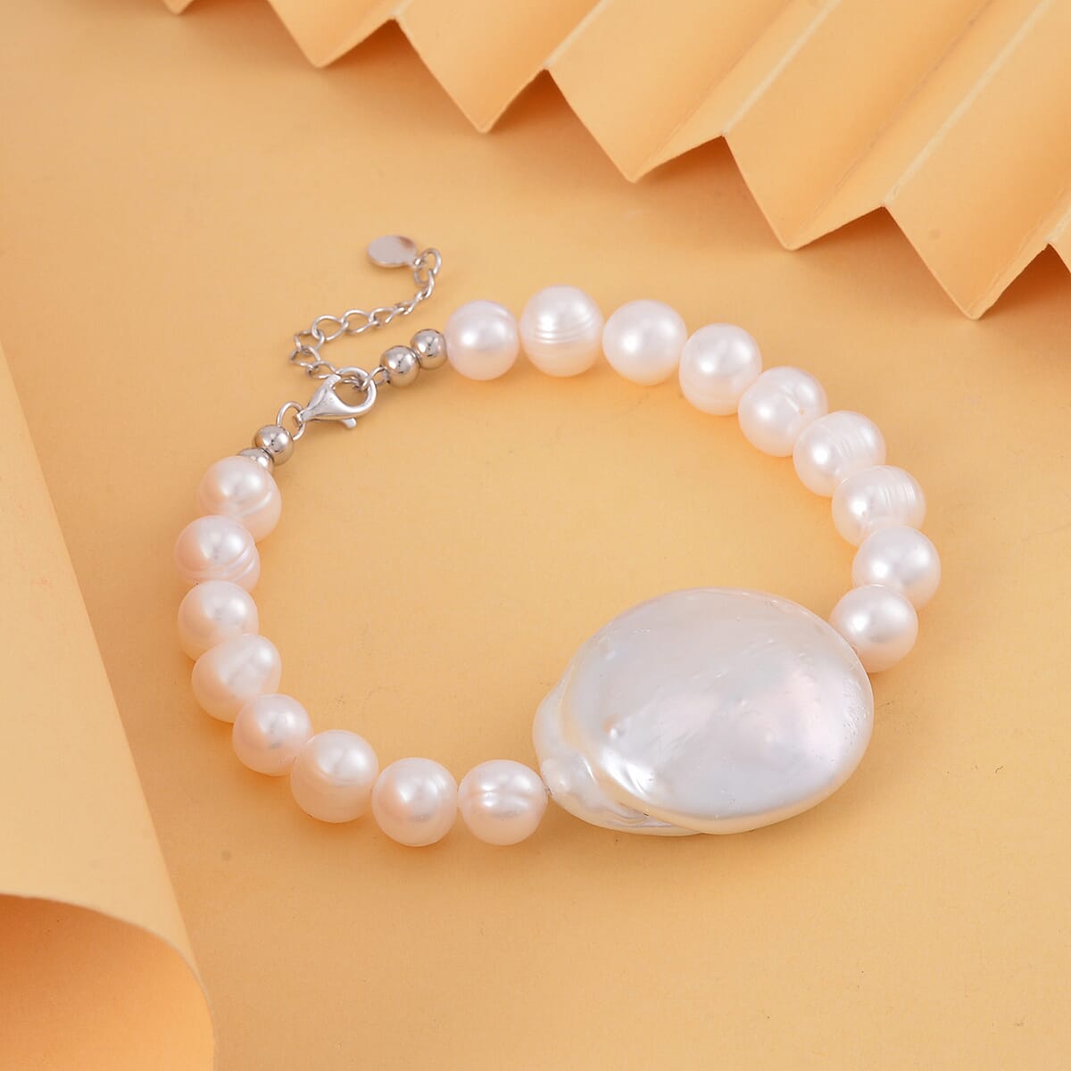 Organic Shape Baroque Pearl, Freshwater Pearl Bracelet in Rhodium Over Sterling Silver  image number 1