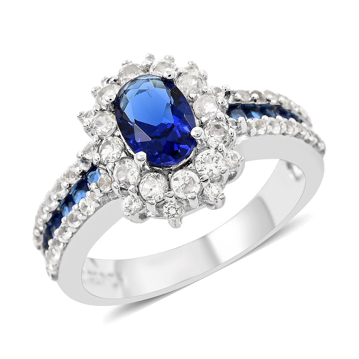 Lab Created Sapphire and Simulated Diamond Ring in Sterling Silver (Size 7.0) 2.85 ctw