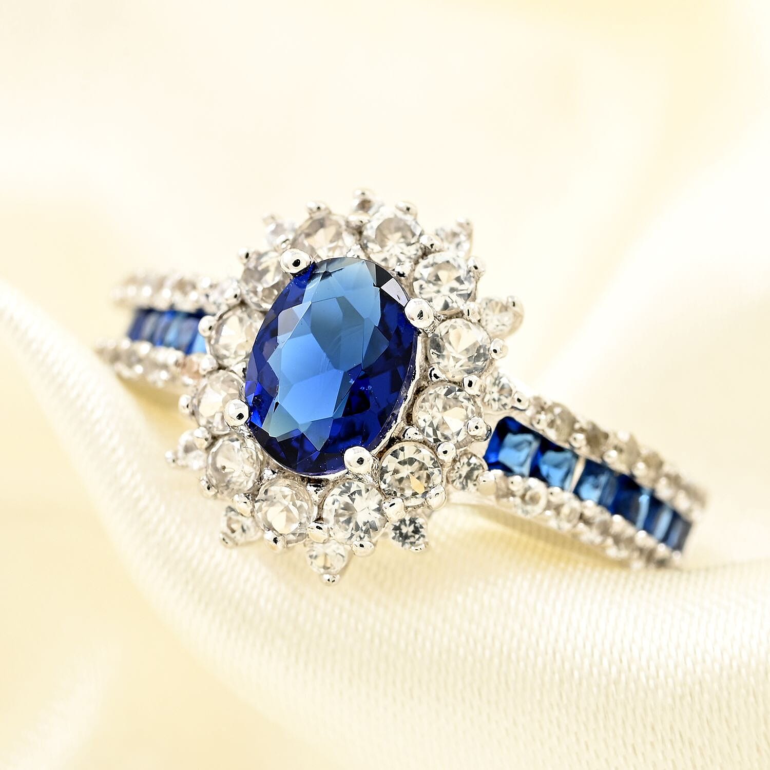 Lab Created Sapphire and Simulated Diamond Ring in Sterling Silver (Size 7.0) 2.85 ctw
