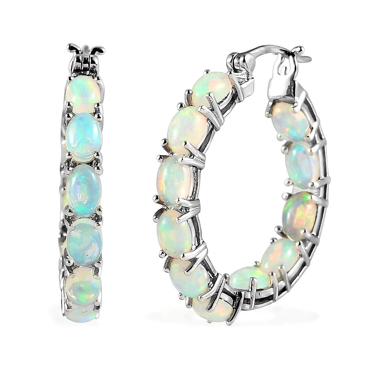 Premium Ethiopian Welo Opal Hoop Earrings in Platinum Over Sterling Silver 6.65 ctw image number 0