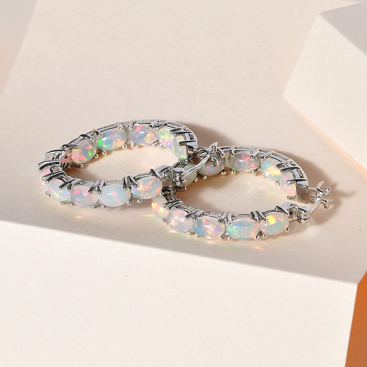 Premium Ethiopian Welo Opal Hoop Earrings in Platinum Over Sterling Silver 6.65 ctw image number 1