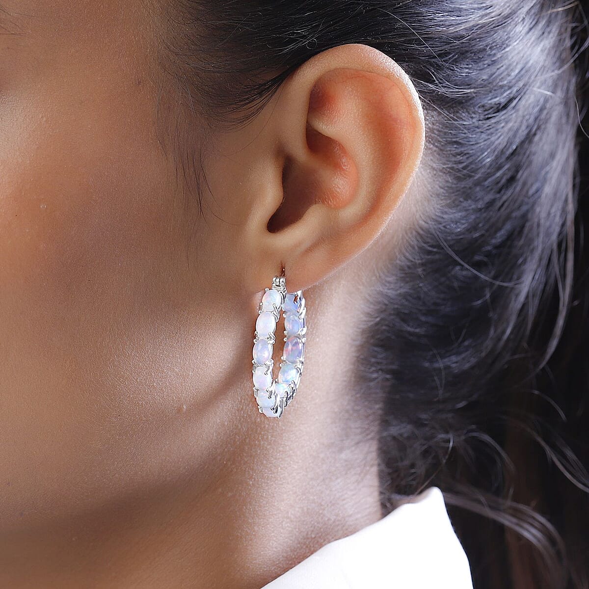 Premium Ethiopian Welo Opal Hoop Earrings in Platinum Over Sterling Silver 6.65 ctw image number 2