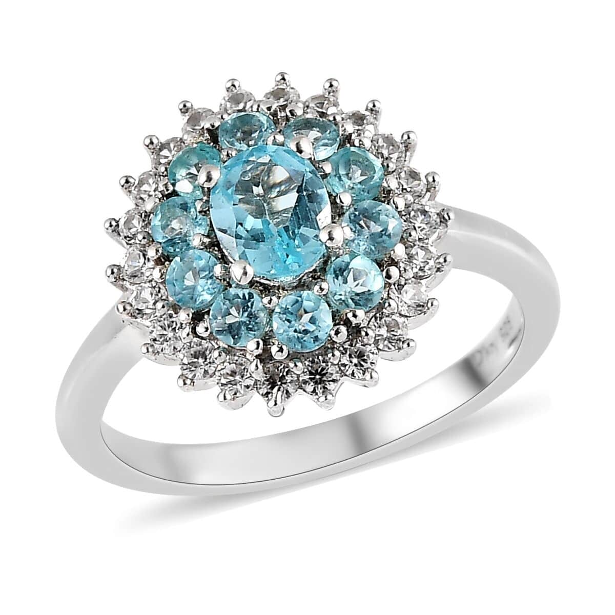 Madagascar Paraiba Apatite and White Zircon Ring in Platinum Over Sterling Silver (Size 10.0) 1.15 ctw image number 0