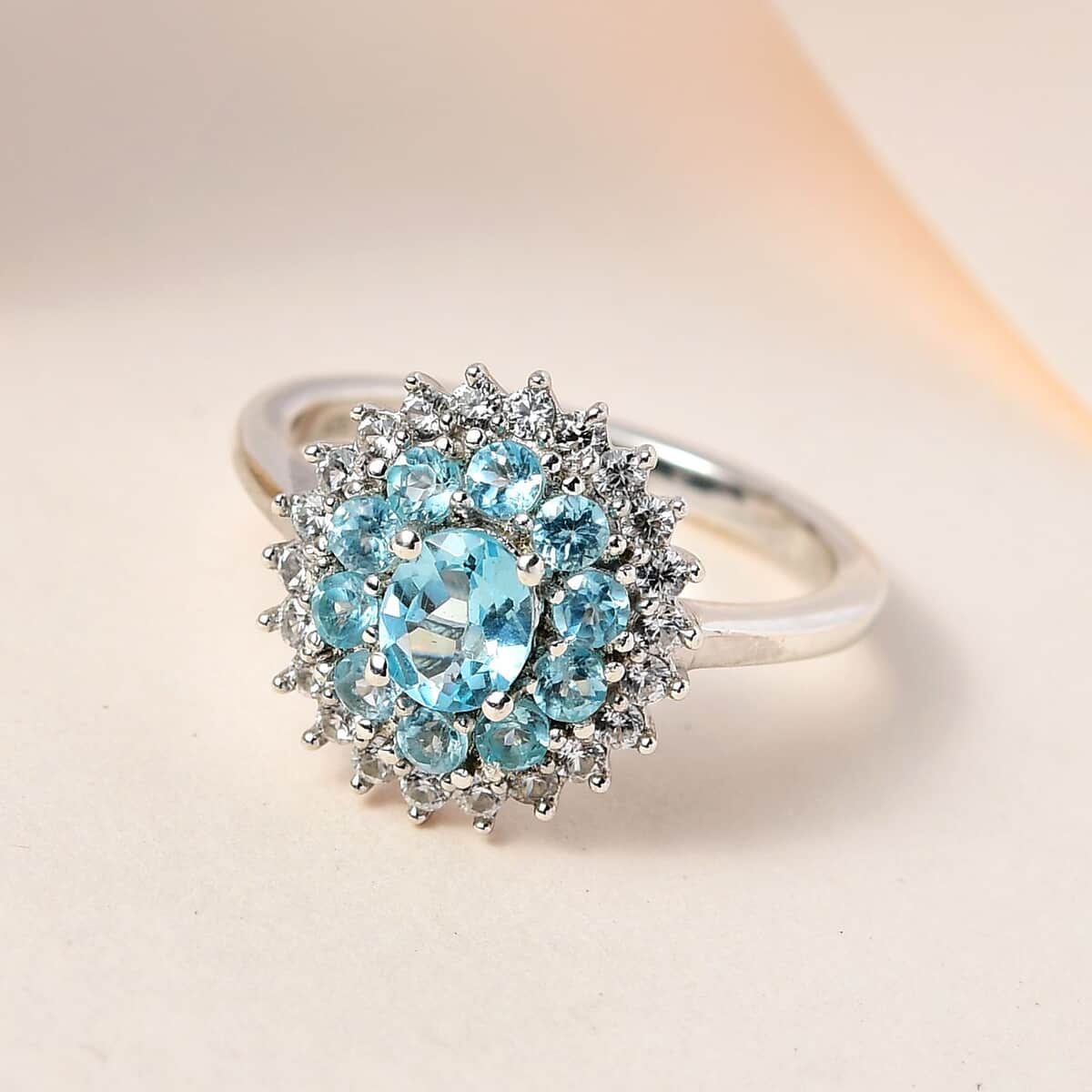 Madagascar Paraiba Apatite and White Zircon Ring in Platinum Over Sterling Silver (Size 10.0) 1.15 ctw image number 1