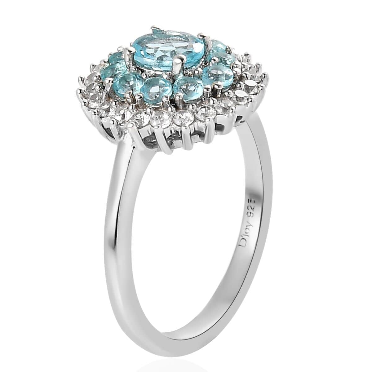 Madagascar Paraiba Apatite and White Zircon Ring in Platinum Over Sterling Silver (Size 10.0) 1.15 ctw image number 3