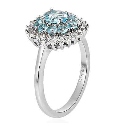 Madagascar Paraiba Apatite and White Zircon Cocktail Ring in Platinum Over Sterling Silver (Size 6.0) 1.15 ctw