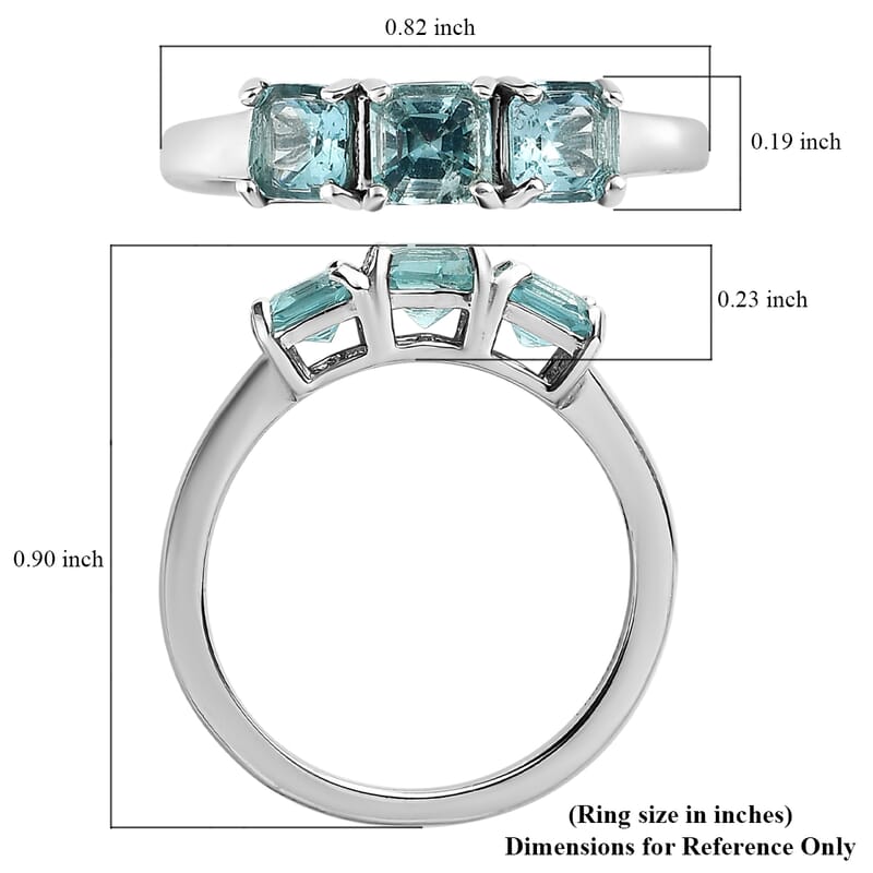 Asscher Cut Madagascar Paraiba Apatite 3 Stone Ring in Platinum Over Sterling Silver (Size 10.0) 1.00 ctw