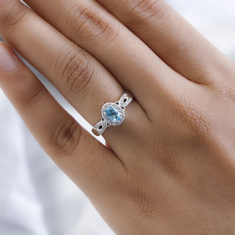 Madagascar Paraiba Apatite and White Zircon Ring in Platinum Over Sterling Silver (Size 10.0) 0.85 ctw