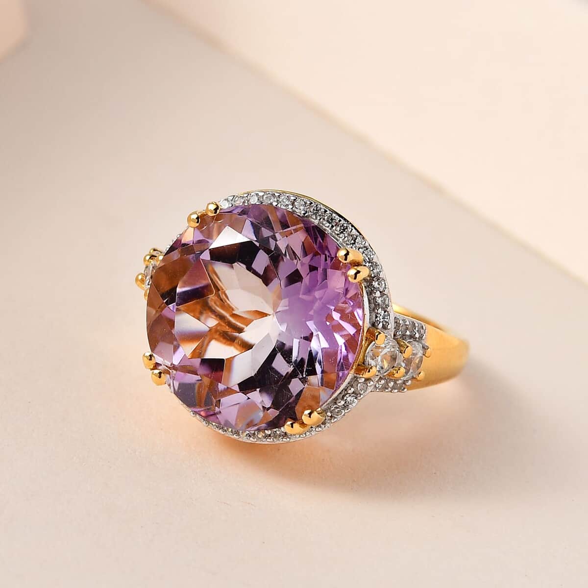 Rose De France Amethyst and White Zircon Cocktail Ring in Vermeil Yellow Gold Over Sterling Silver 12.85 ctw image number 1