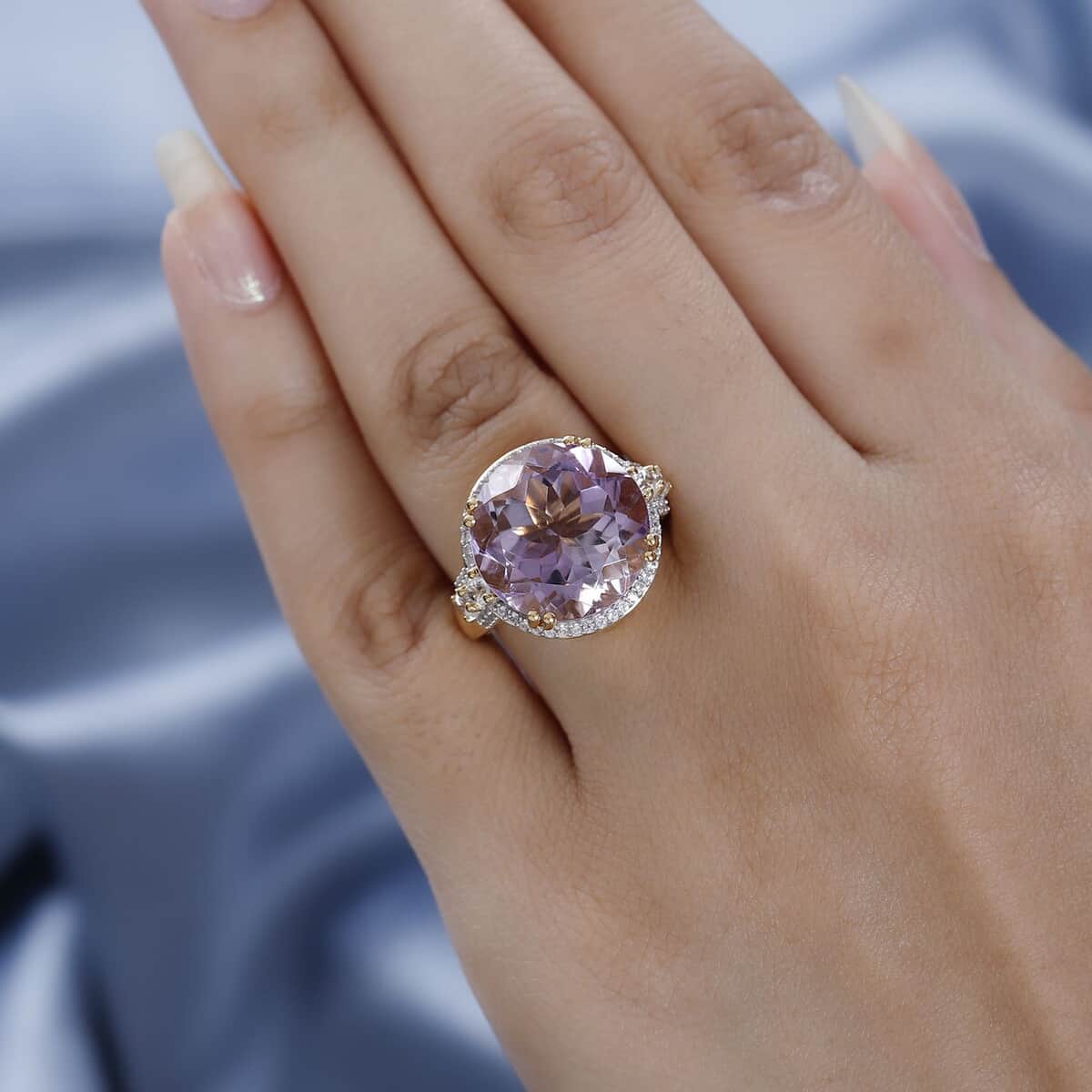 Rose De France Amethyst and White Zircon Cocktail Ring in Vermeil Yellow Gold Over Sterling Silver 12.85 ctw image number 2