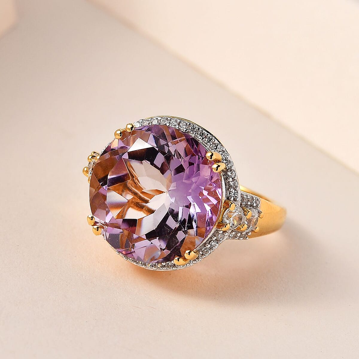 Rose De France Amethyst and White Zircon Cocktail Ring in Vermeil Yellow Gold Over Sterling Silver (Size 7.0) 12.85 ctw image number 1