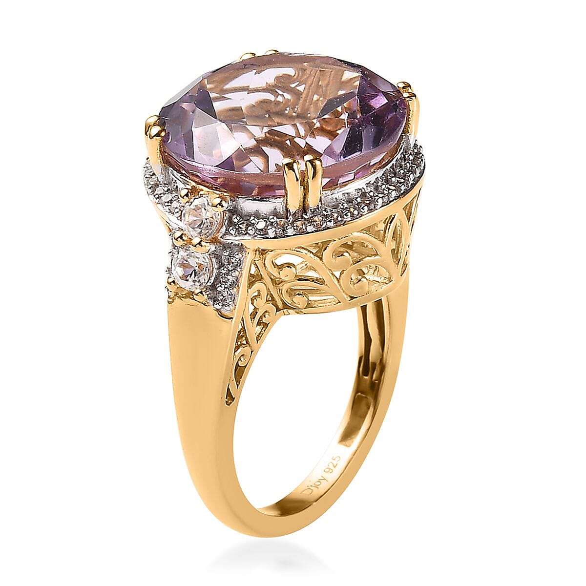 Rose De France Amethyst and White Zircon Cocktail Ring in Vermeil Yellow Gold Over Sterling Silver (Size 7.0) 12.85 ctw image number 3