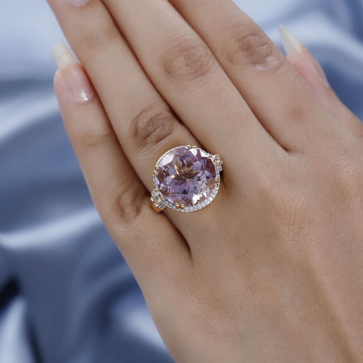 Rose De France Amethyst and White Zircon Cocktail Ring in Vermeil Yellow Gold Over Sterling Silver (Size 8.0) 12.85 ctw image number 2