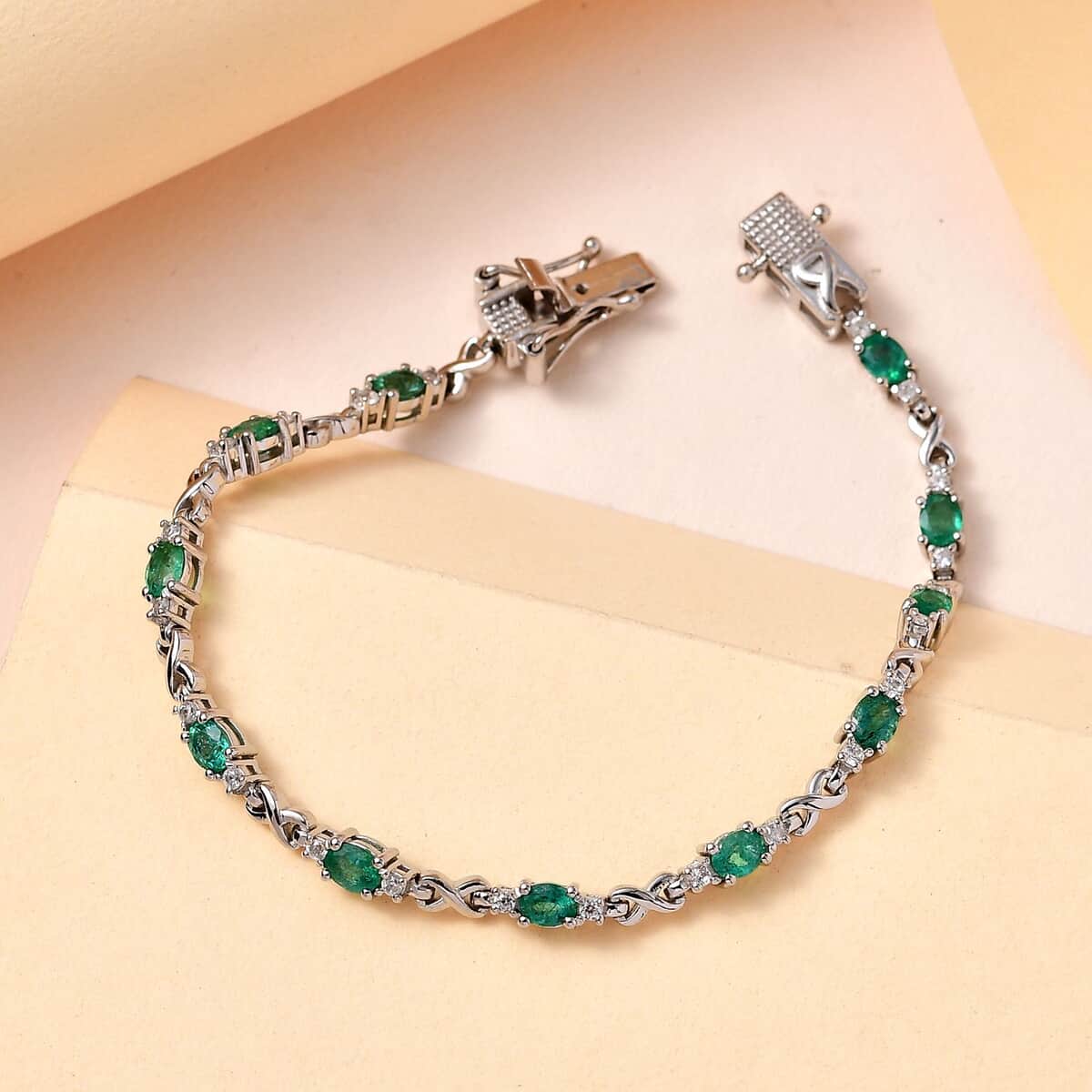 AAA Kagem Zambian Emerald and White Zircon Bracelet in Platinum Over Sterling Silver (6.50 In) 2.00 ctw (Del. in 7-10 Days) image number 1