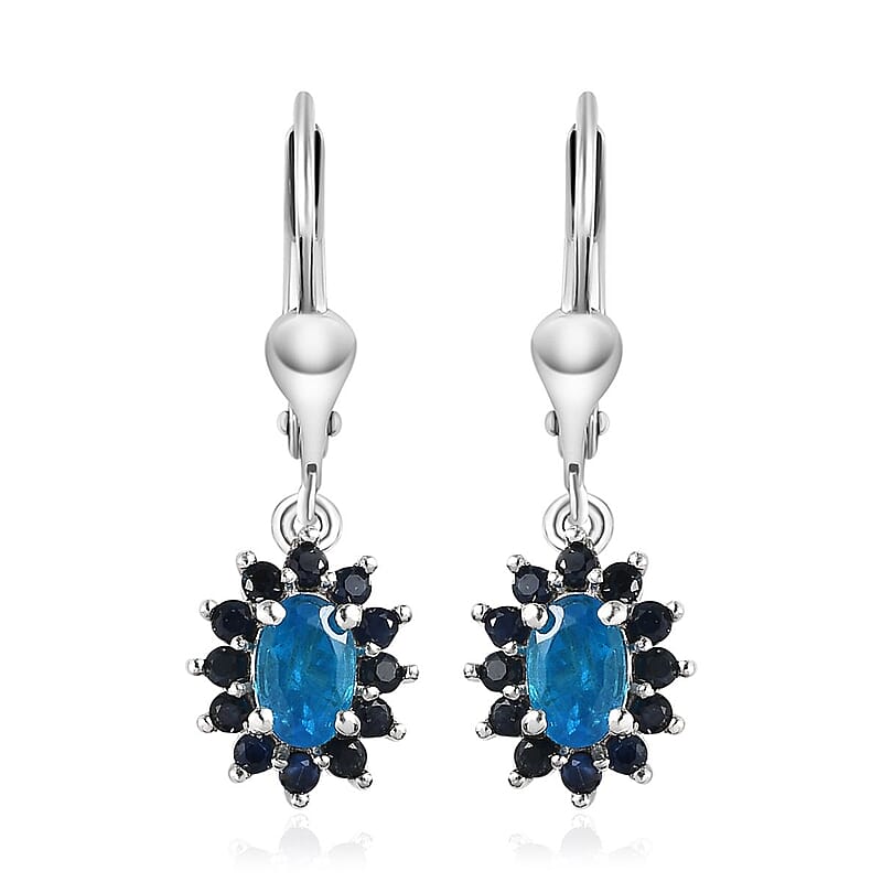Malgache Neon Apatite and Kanchanaburi Blue Sapphire Lever Back Earrings in Platinum Over Sterling Silver 1.50 ctw