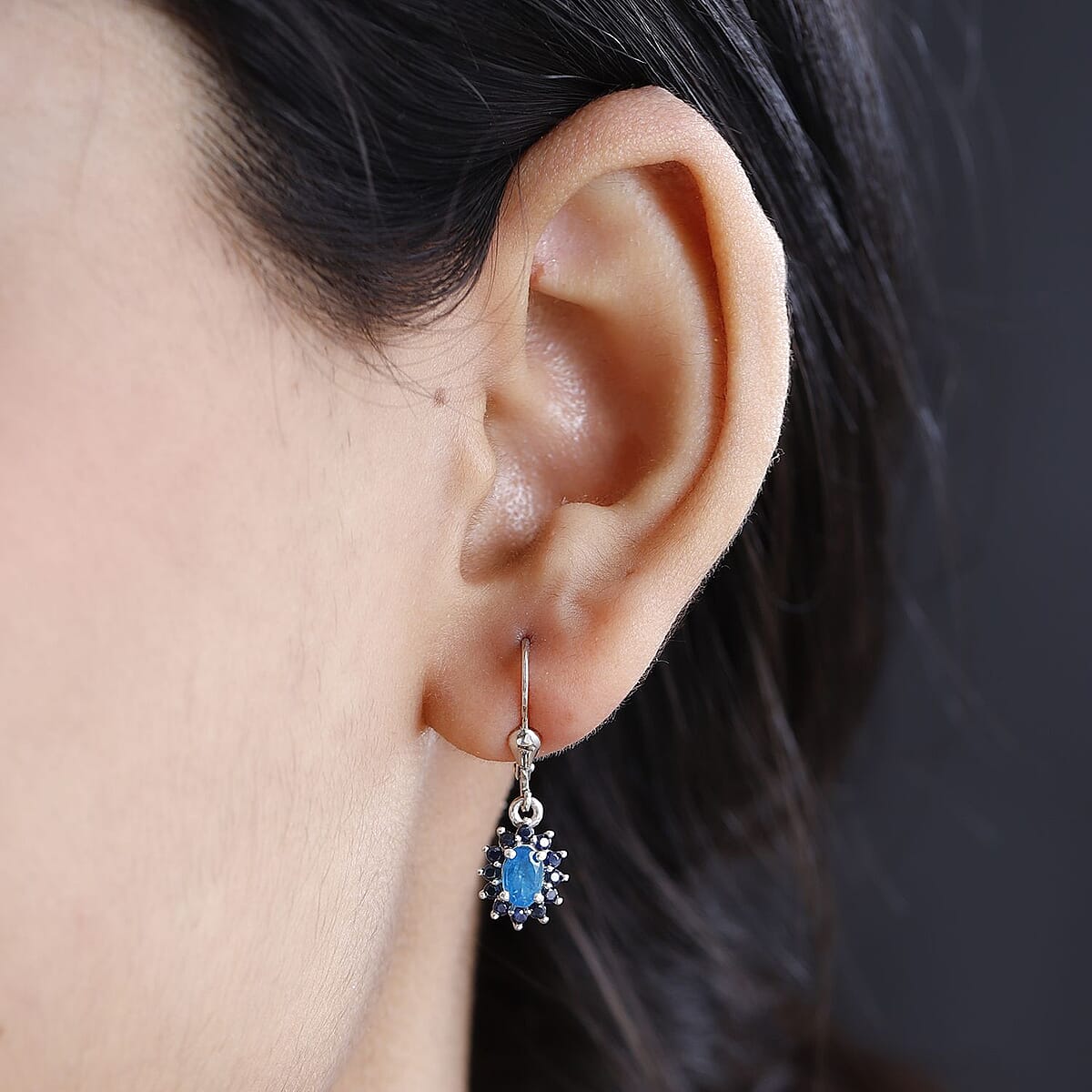 Malgache Neon Apatite and Kanchanaburi Blue Sapphire Sunburst Earrings in Platinum Over Sterling Silver 1.50 ctw image number 2