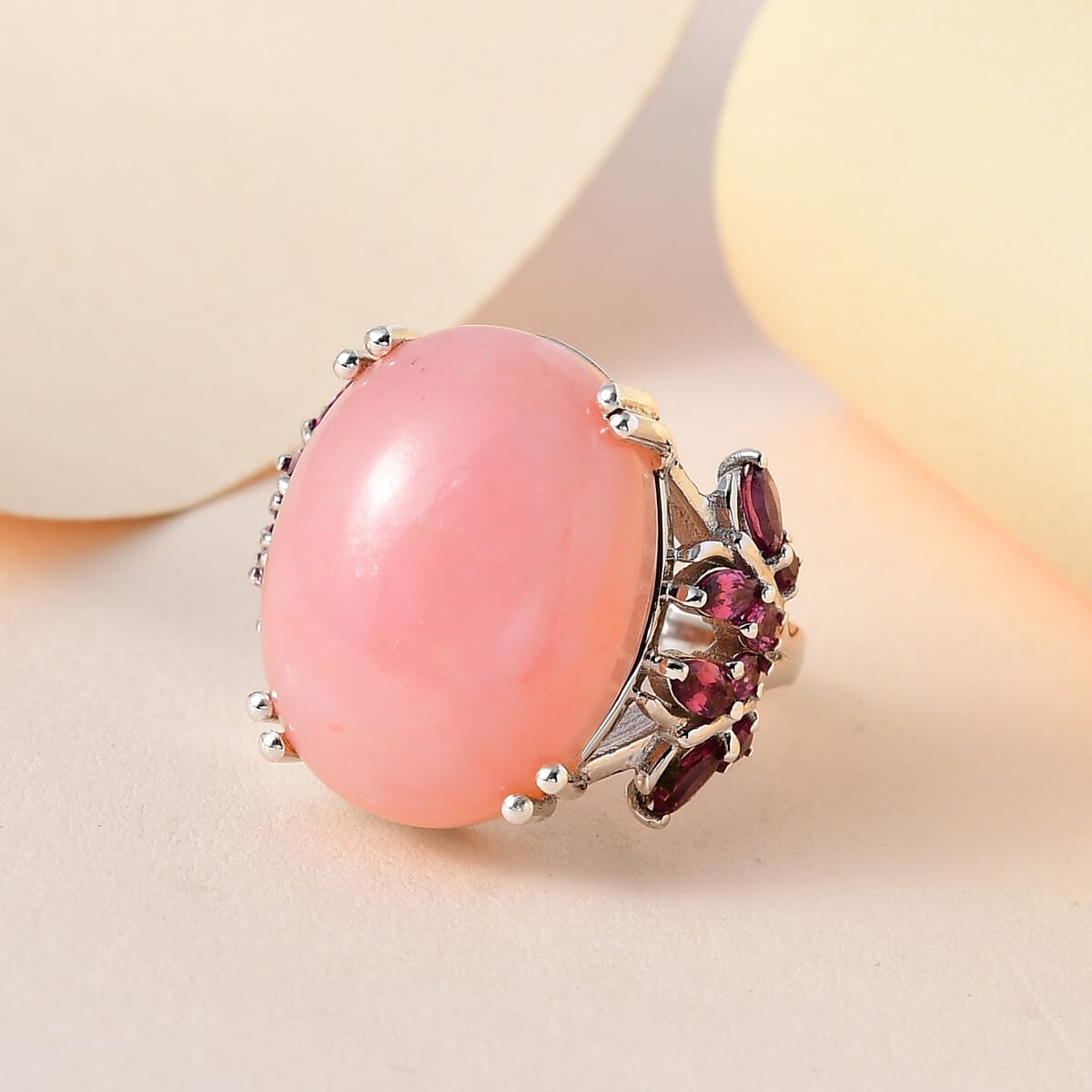 Premium Peruvian Pink Opal and Orissa Rhodolite Garnet Ring in Platinum Over Sterling Silver 13.75 ctw image number 1