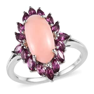 Premium Peruvian Pink Opal and Orissa Rhodolite Garnet Floral Ring in Platinum Over Sterling Silver (Size 10.0) 4.65 ctw