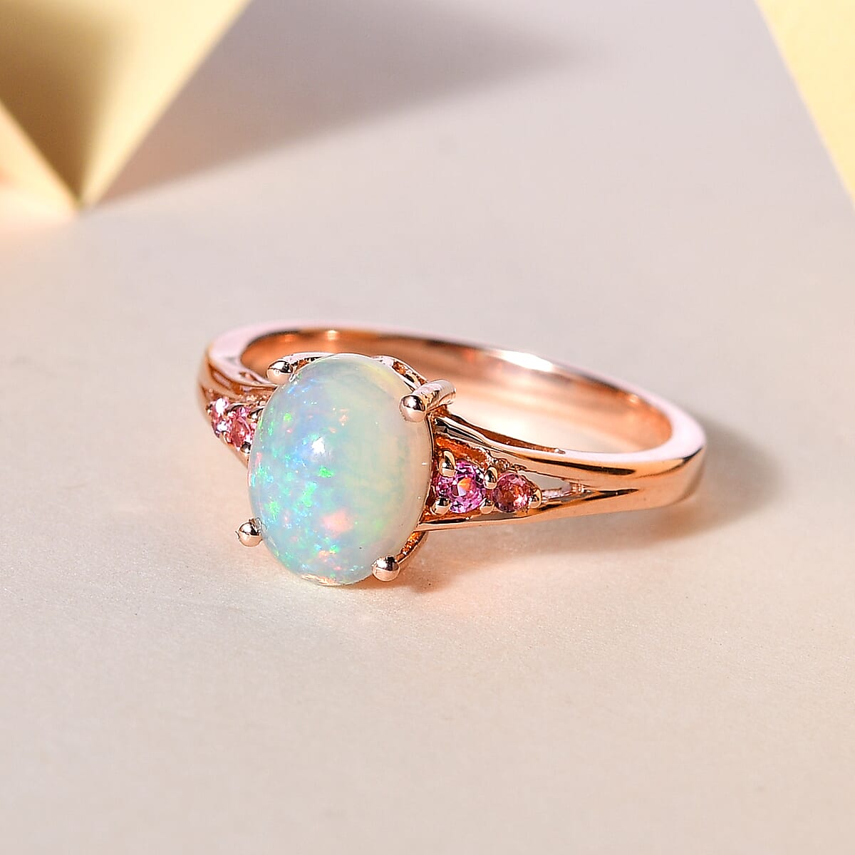Premium Ethiopian Welo Opal and Morro Redondo Pink Tourmaline Ring in Vermeil Rose Gold Over Sterling Silver (Size 10.0) 1.25 ctw image number 1