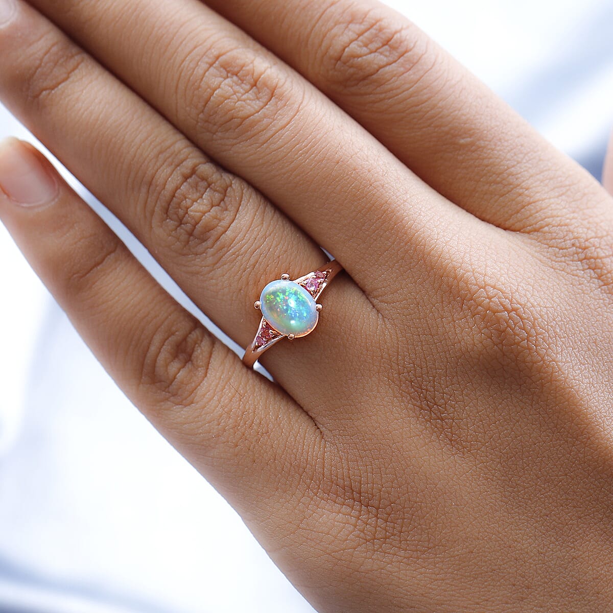 Premium Ethiopian Welo Opal and Morro Redondo Pink Tourmaline Ring in Vermeil Rose Gold Over Sterling Silver (Size 9.0) 1.25 ctw image number 2