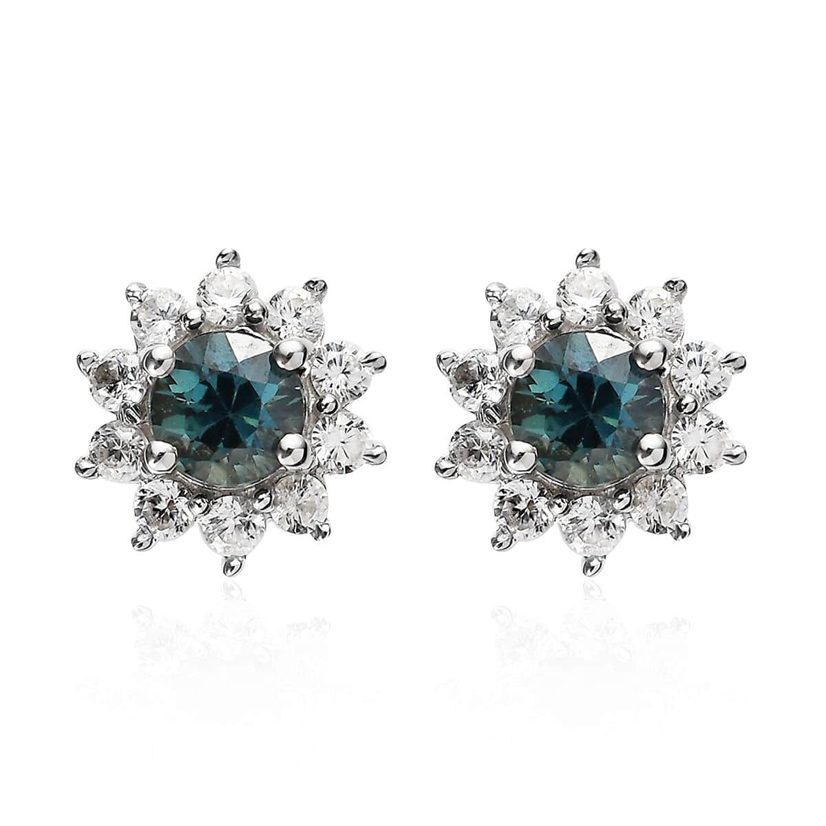 Australian Sapphire and White Zircon Sunburst Stud Earrings in Platinum Over Sterling Silver 1.10 ctw image number 0