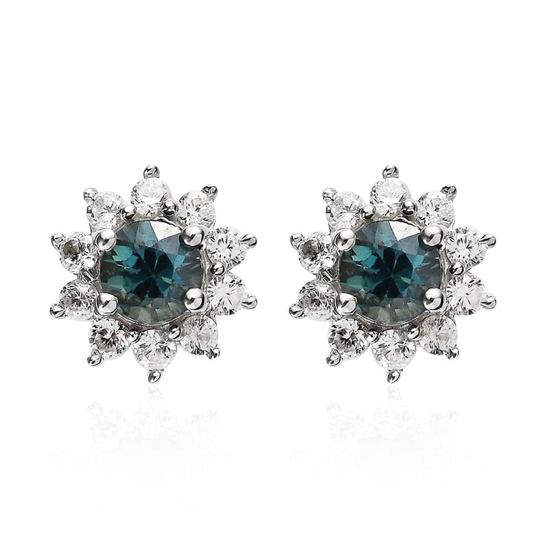 Australian Sapphire and White Zircon Sunburst Stud Earrings in Platinum Over Sterling Silver 1.10 ctw