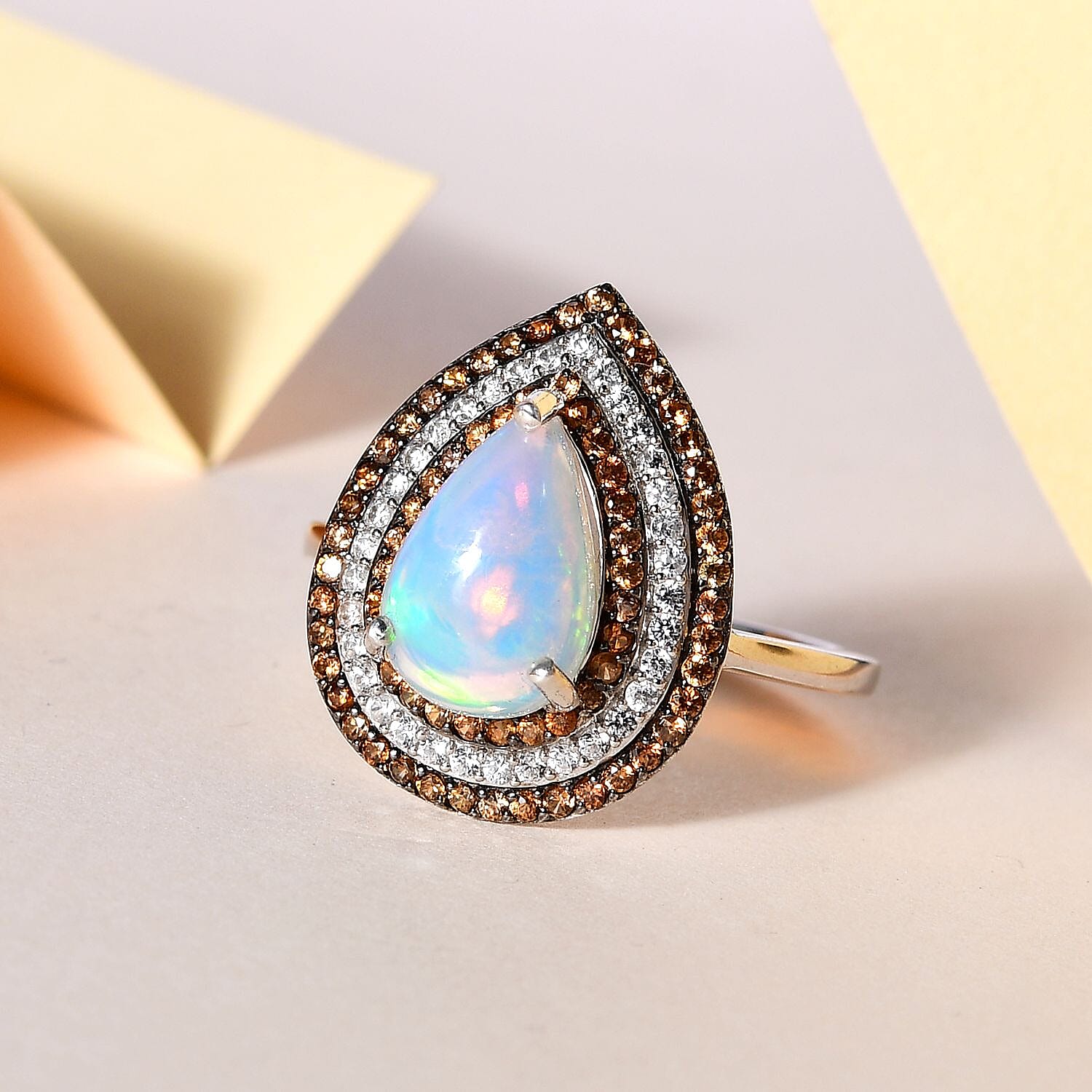 Premium Ethiopian Welo Opal, Brown and White Zircon Cocktail Ring in Platinum Over Sterling Silver (Size 10.0) 3.25 ctw