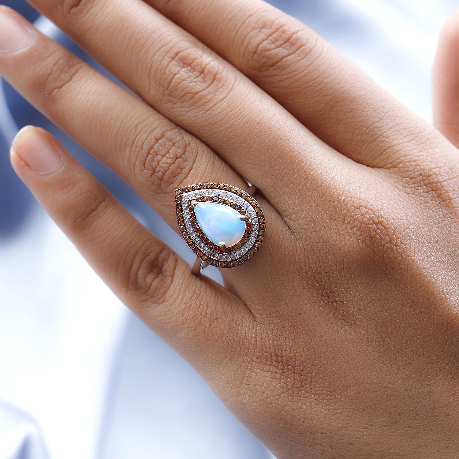 Premium Ethiopian Welo Opal, Brown and White Zircon Cocktail Ring in Platinum Over Sterling Silver (Size 10.0) 3.25 ctw