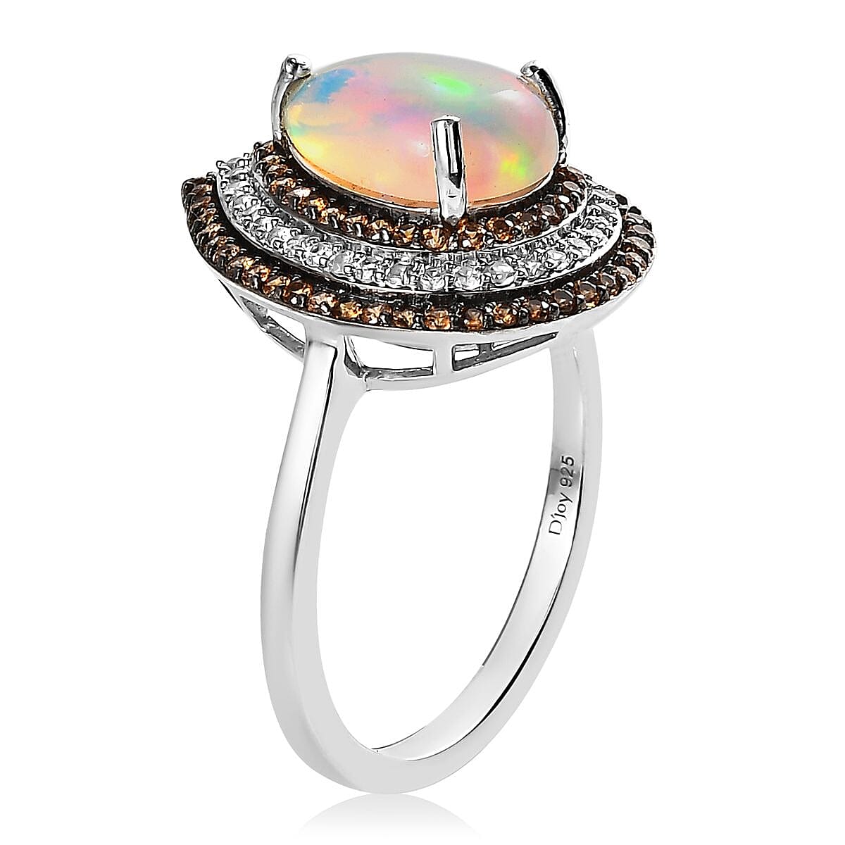 Premium Ethiopian Welo Opal, Brown and White Zircon Cocktail Ring in Platinum Over Sterling Silver (Size 10.0) 3.25 ctw